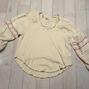 Free People Cream Peasant Blouse with Embroidered Sleeves